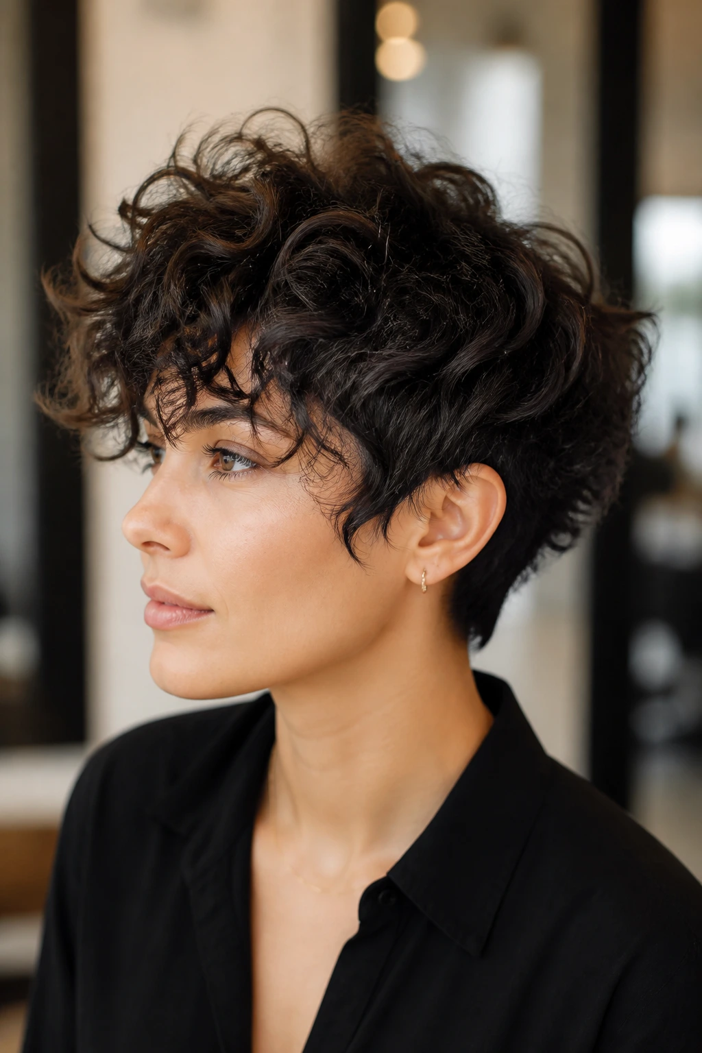 Person with curly-first long pixie showing variation