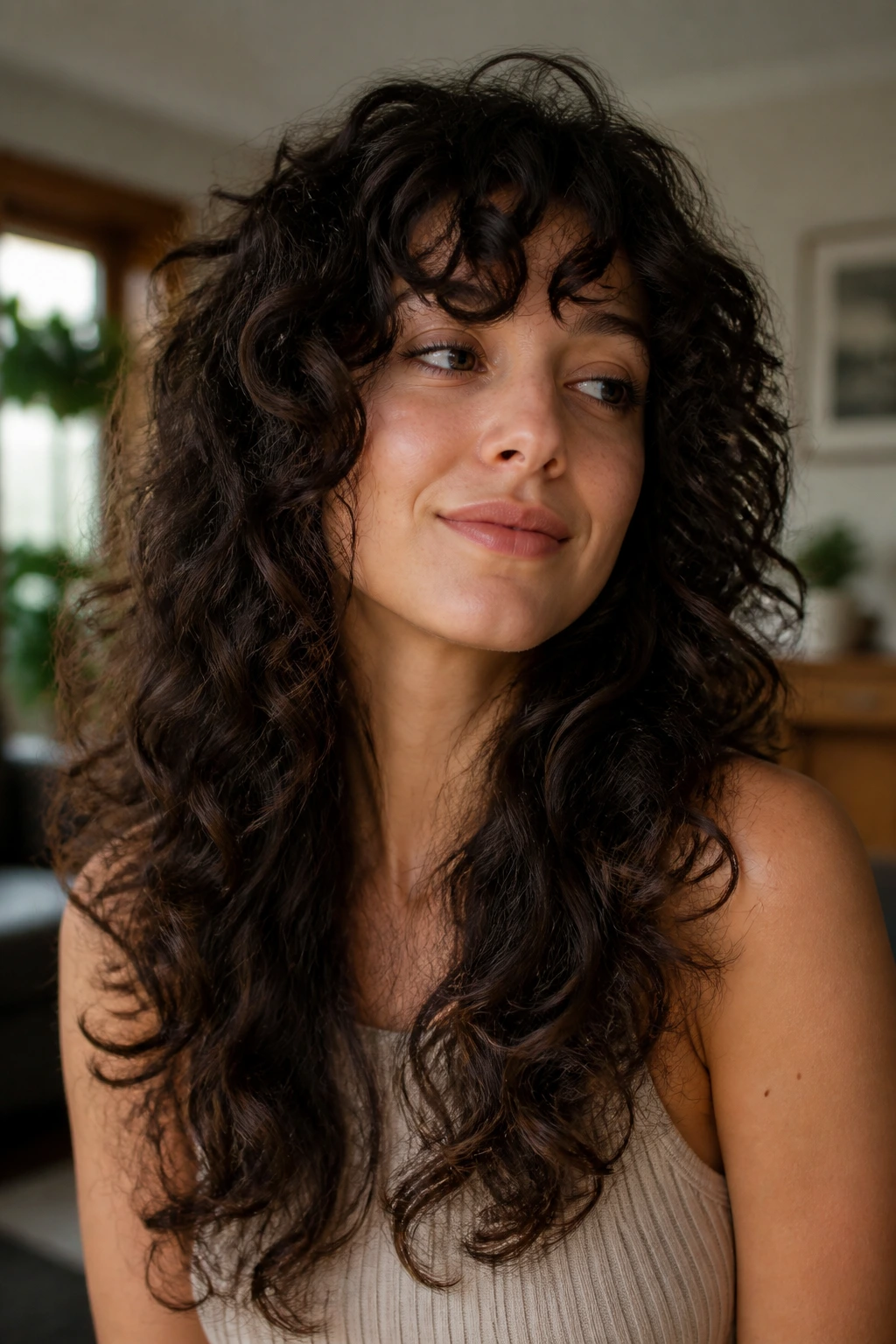 Close-up of a real woman with curly long shag haircut showing defined curls and shag layers.