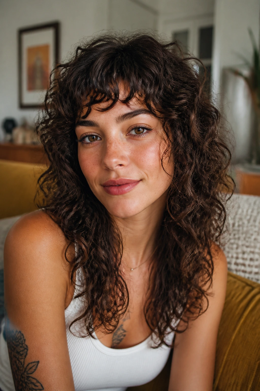 Real person with curly long shag and short curly bangs