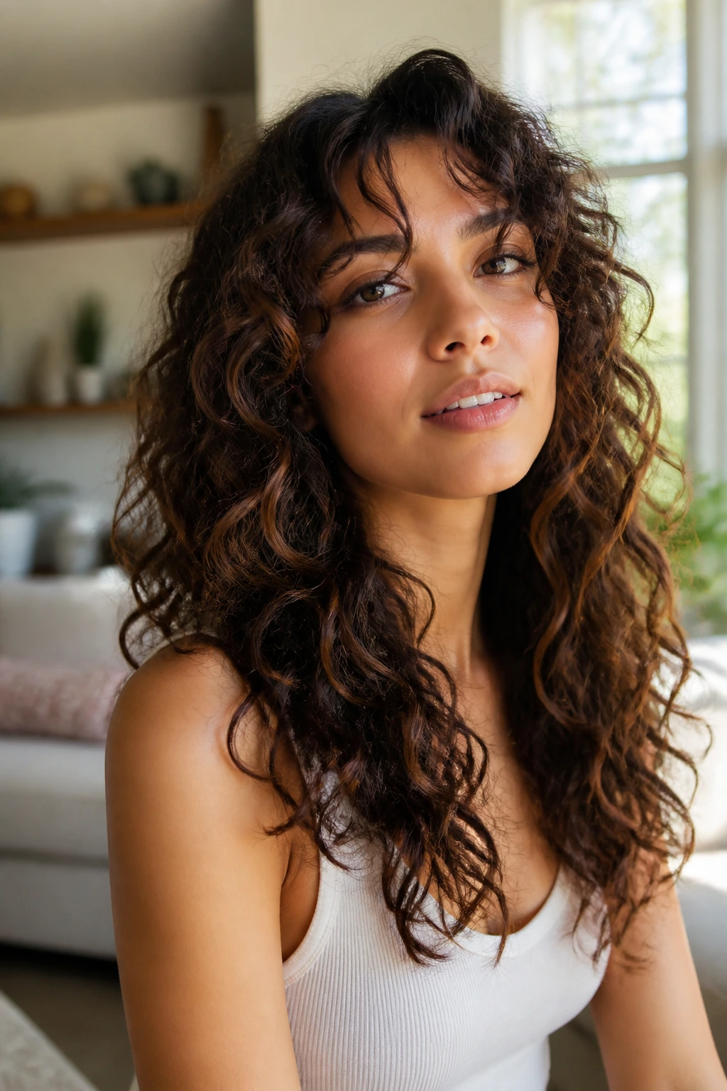 Close-up of a real woman with curly long wispy layers showing curl pattern