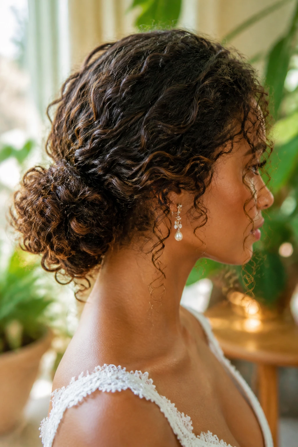 Bride with curly texture low bun featuring defined curls at the nape