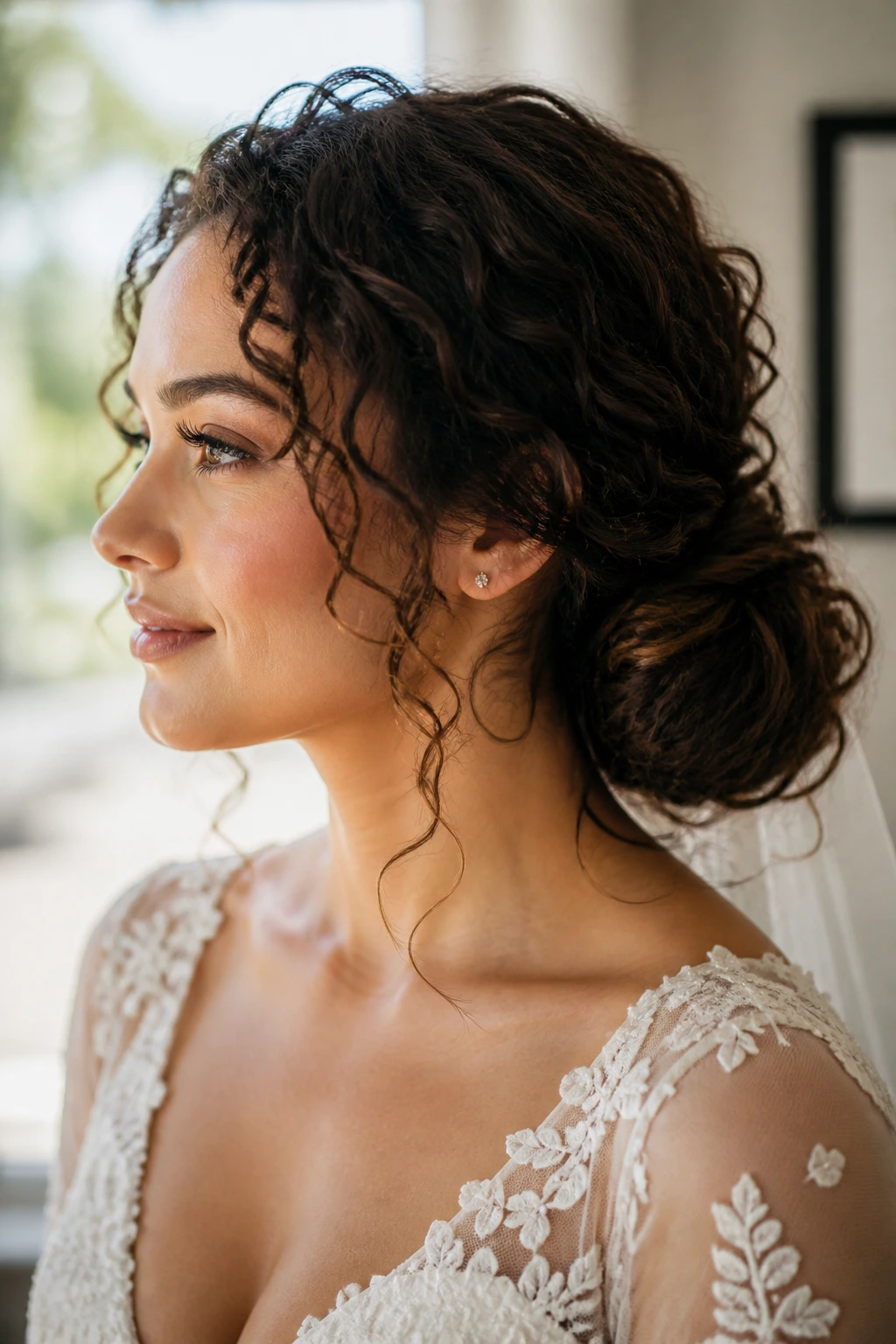 Real bride with curly low bun showing defined curls at the nape