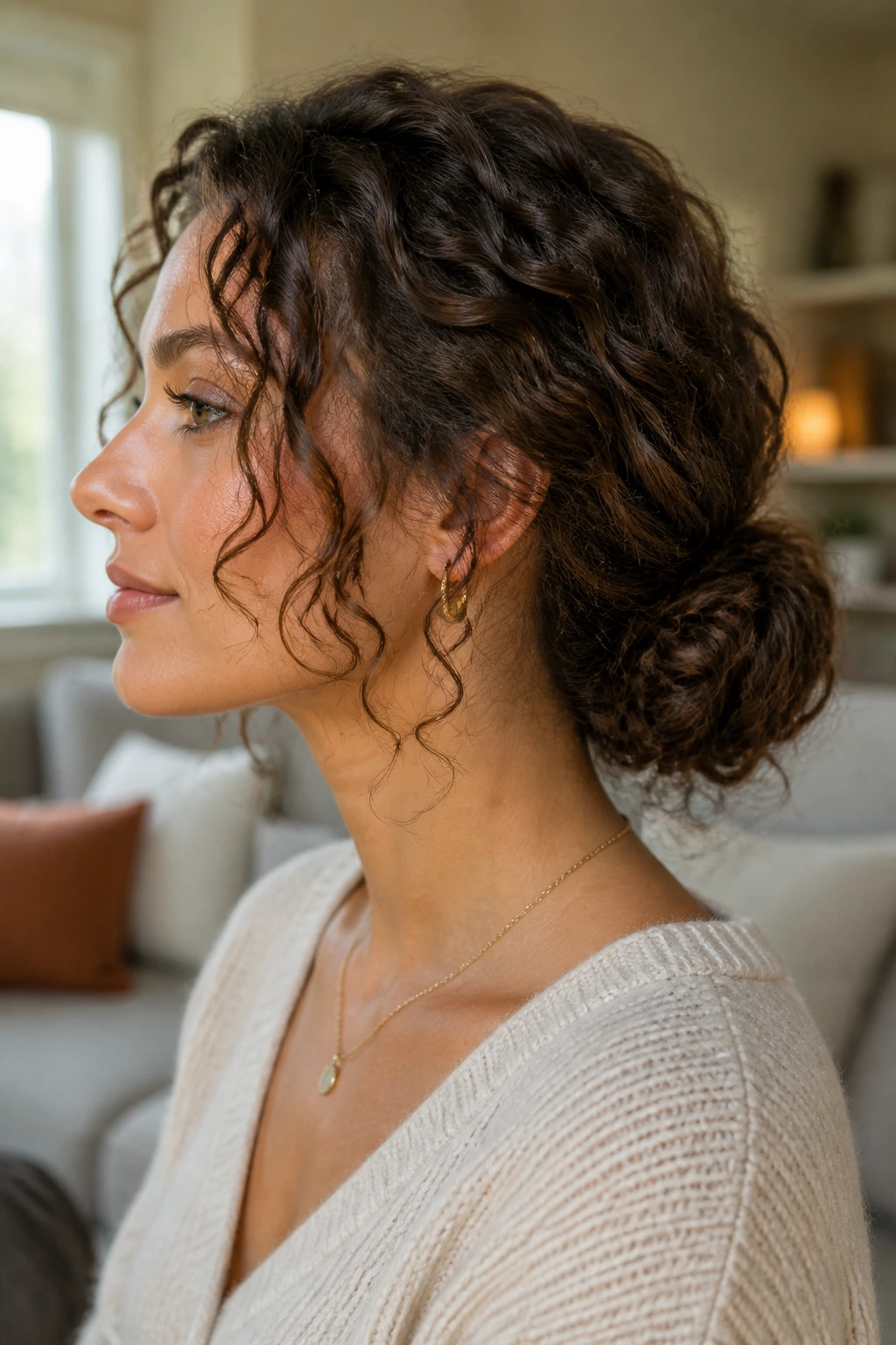 Close-up of a real woman's curly hair styled in a low bun at the nape