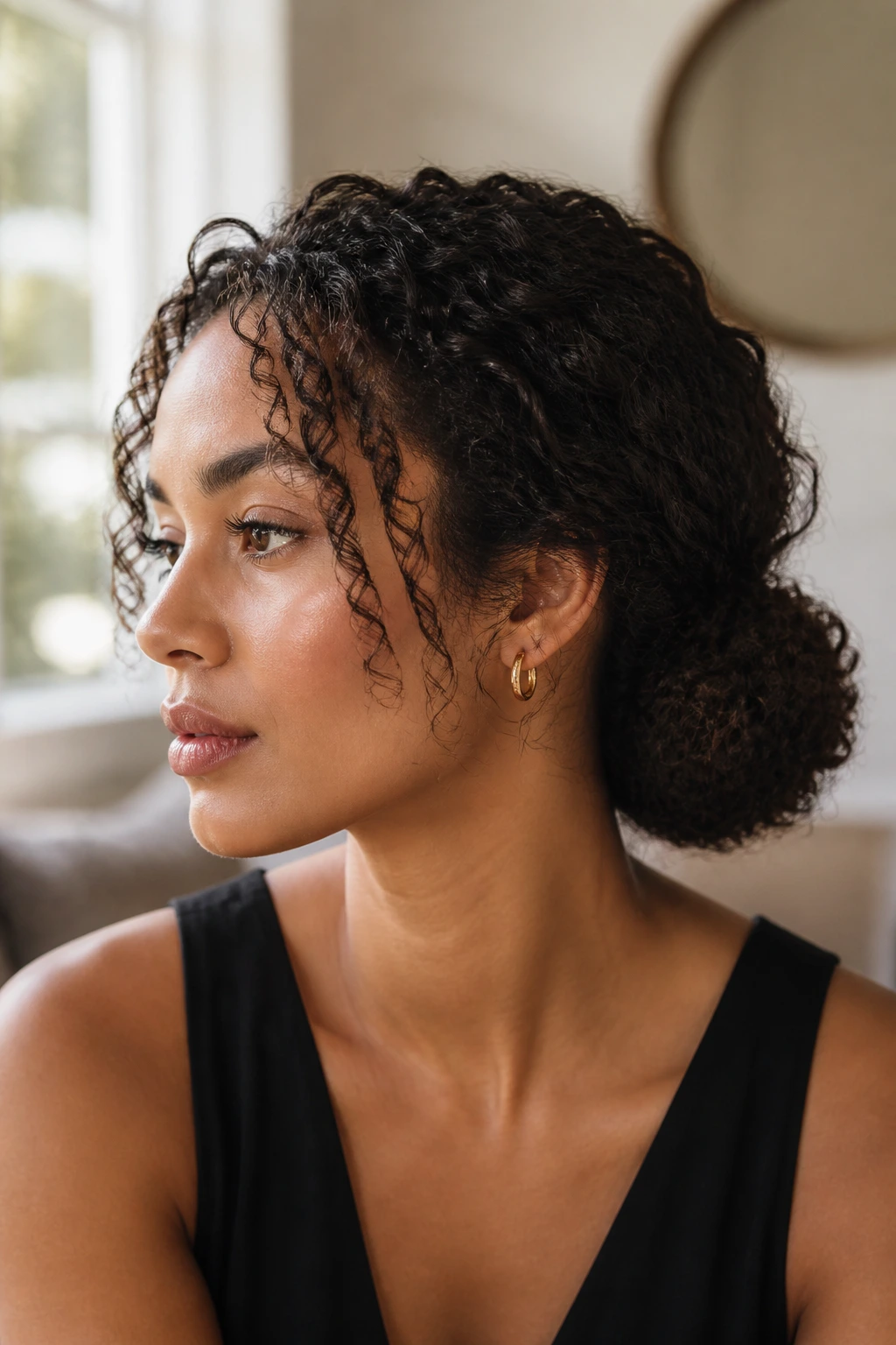 Curly-haired woman wearing a low bun with defined coils and texture.