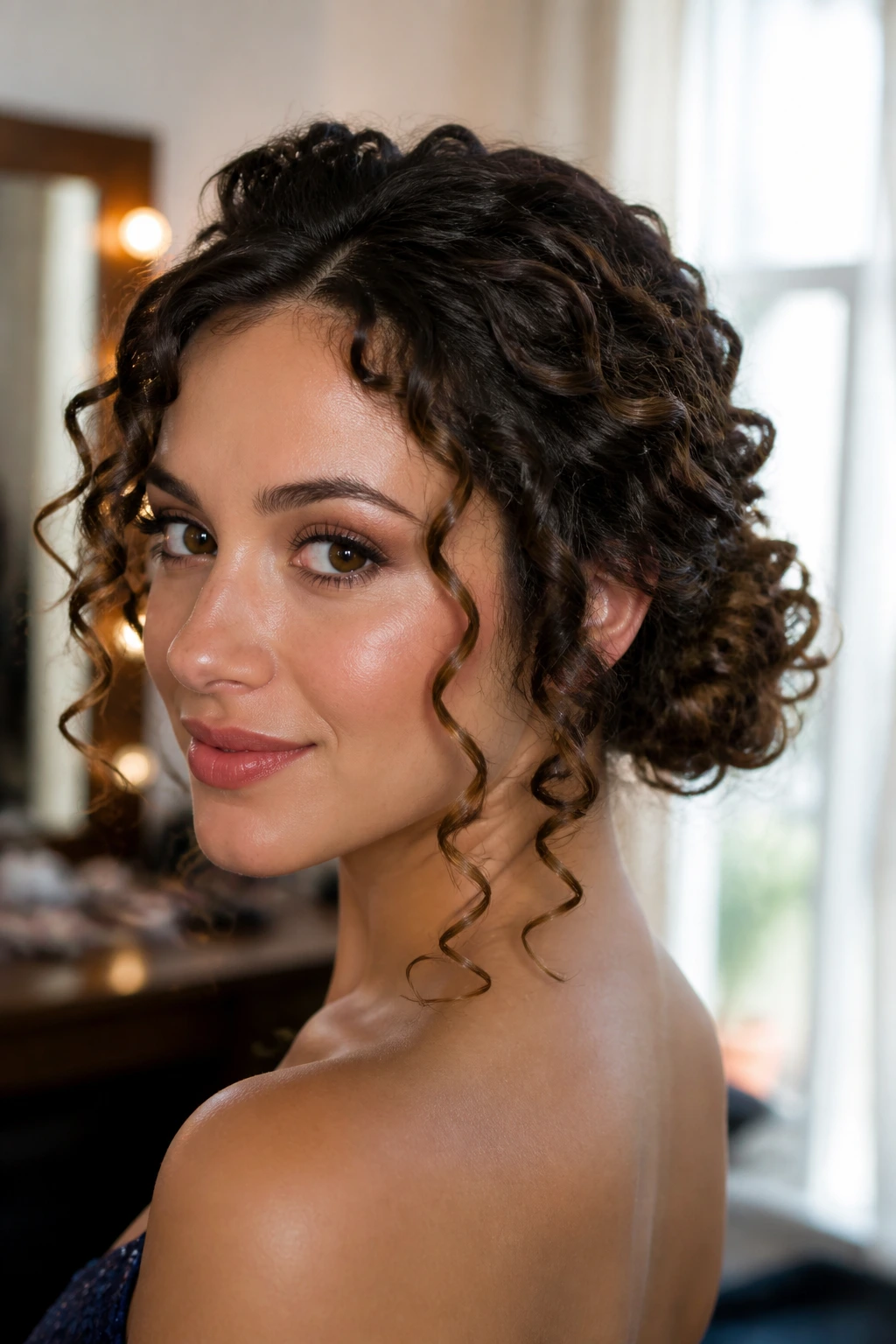 Close-up of a real woman with a curly low chignon and face-framing spirals