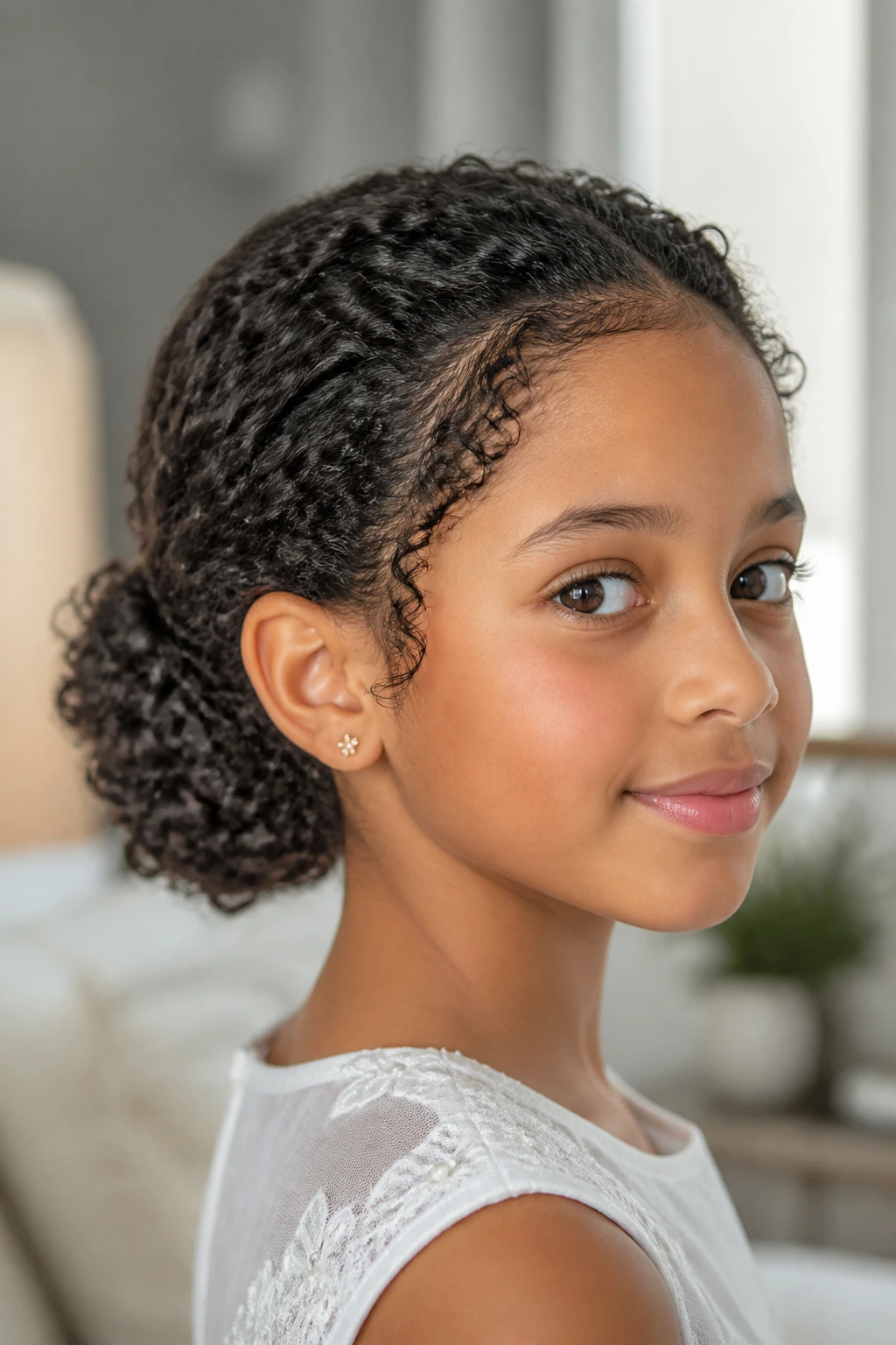 Close-up of curly low puff hairstyle on a real child girl