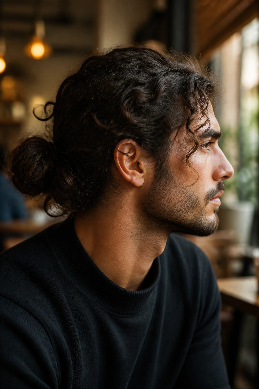 Real man with loose curly man bun in cafe setting