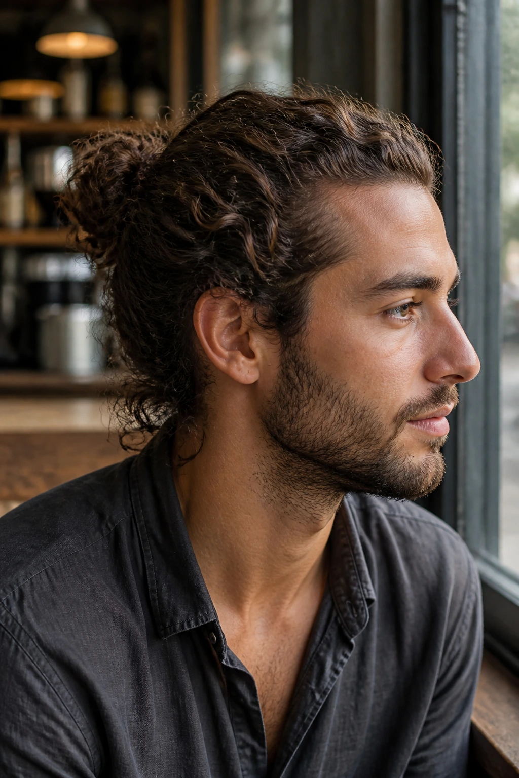 Close-up of a man with a loose curly bun in a cafe setting