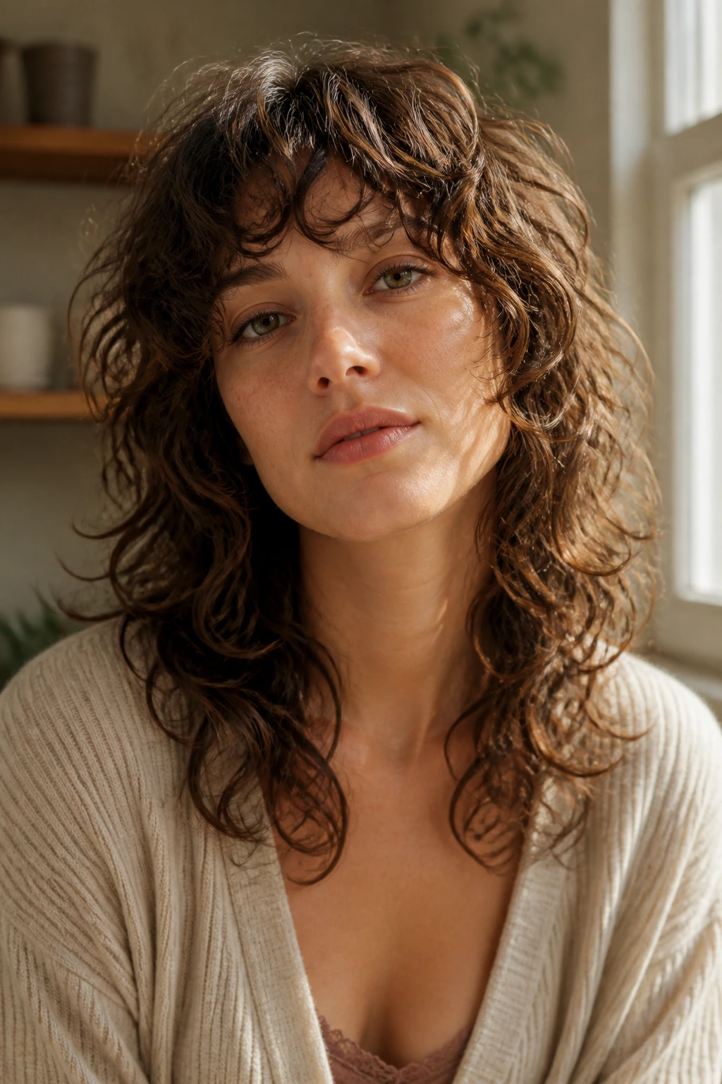 Close-up portrait of a real person with curly medium shag and long layers