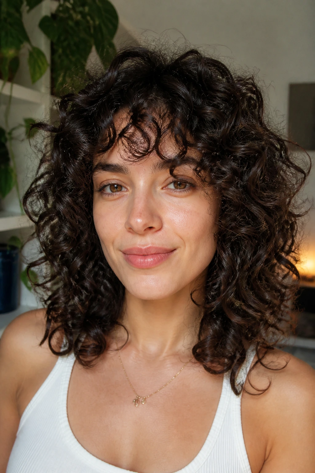 Close-up of a real person with curly mid-length hair and face-framing layers