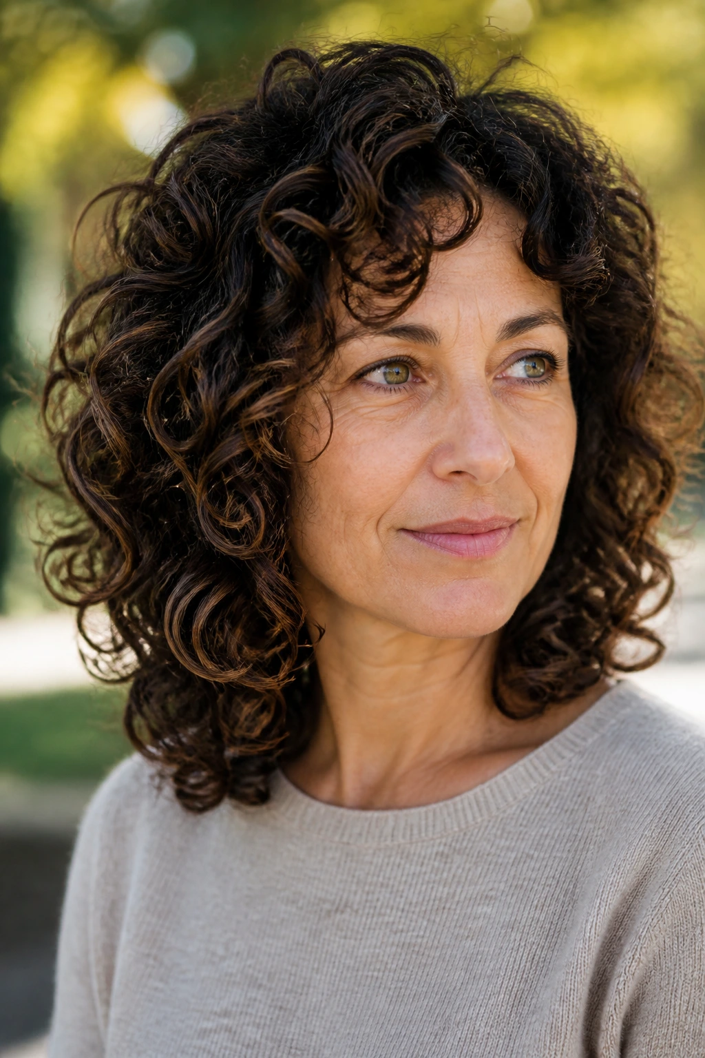 Close-up of a real woman with curly mid-length hair and structured layers.