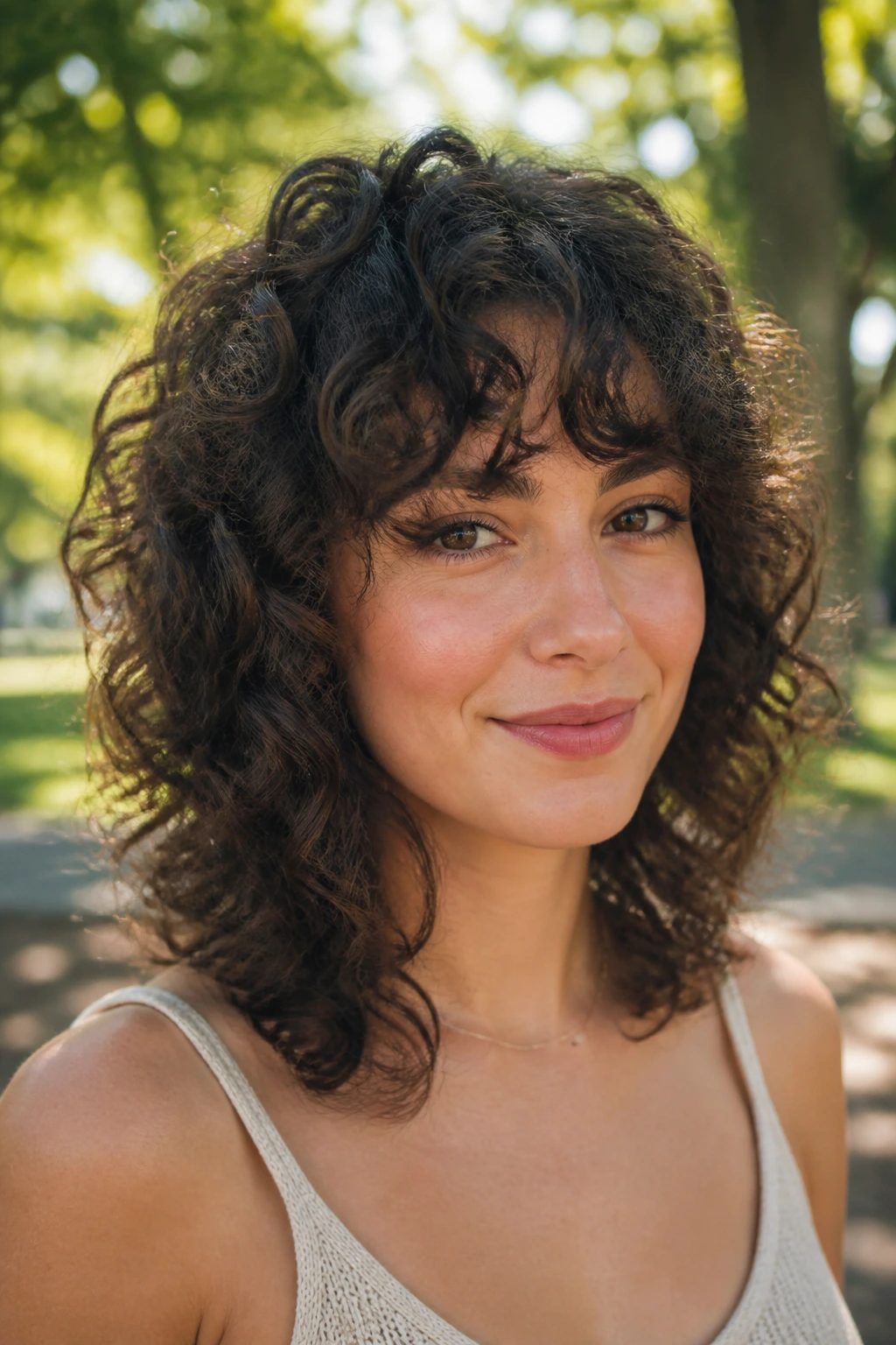 Portrait of a woman with curly midi shag hairstyle