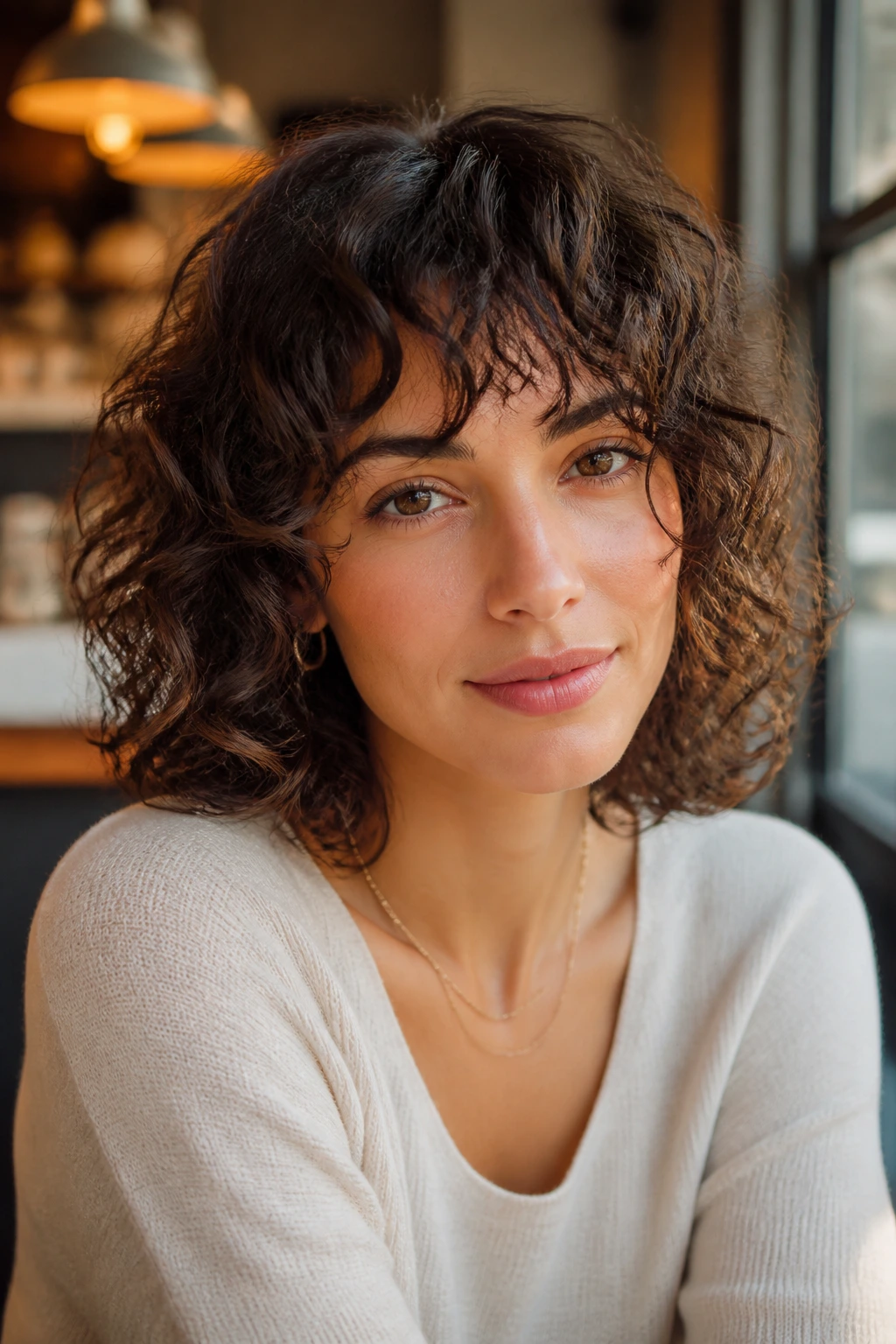 Real person with curly midi cut and tapered fringe.