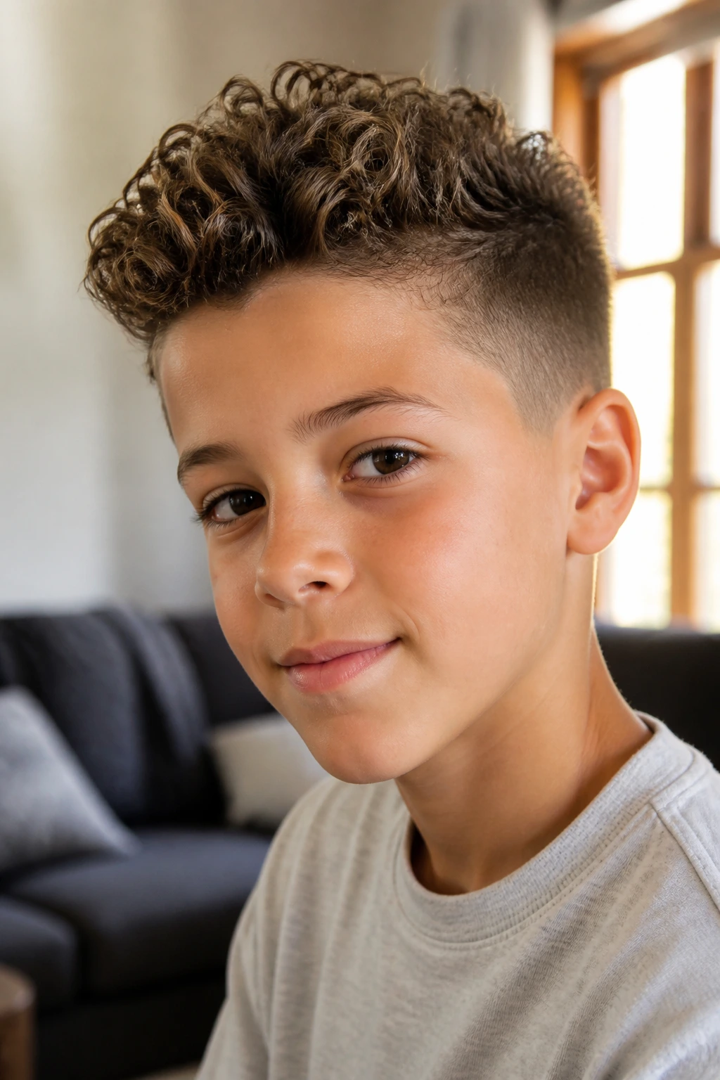 Close-up of a boy with a curly mini pompadour.