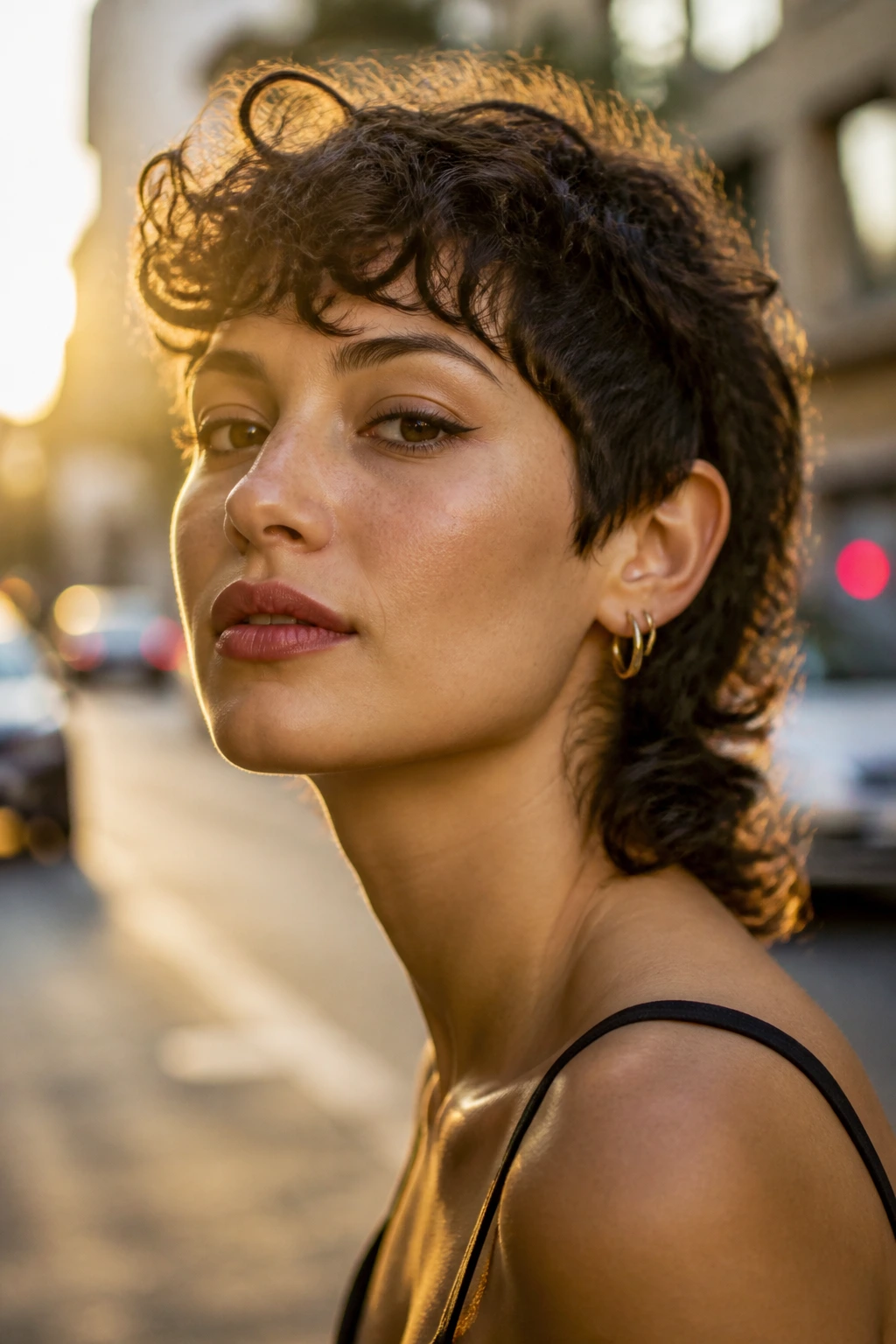 Close-up portrait of a real woman with curly mixie shag featuring short front and longer back.