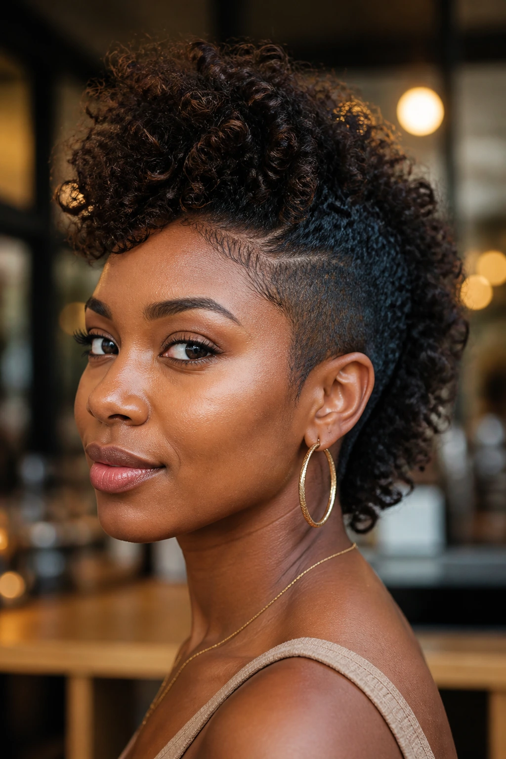 Portrait of a real Black woman with a lively curly mohawk showing a dynamic center ridge