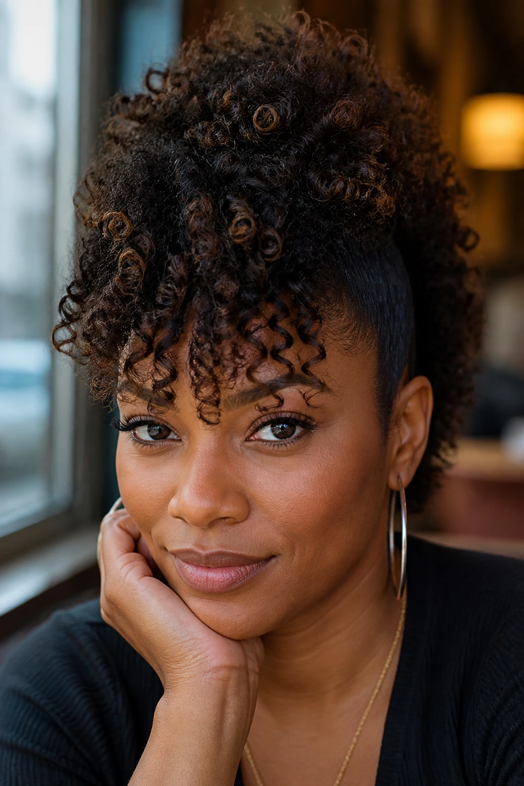 Close-up of a real woman with curly mohawk and bangs in daylight