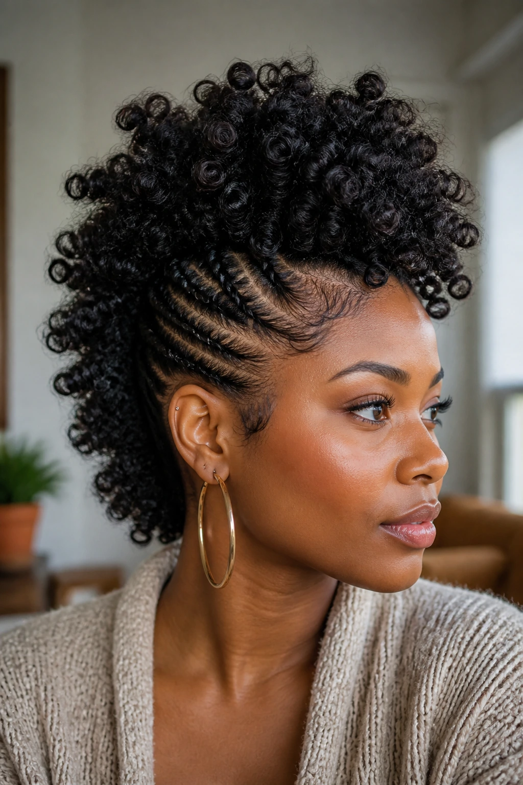 Close-up of a real Black woman with a curly mohawk showing a tall center ridge and neat sides