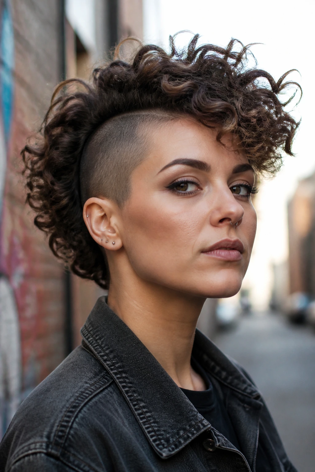 Close-up portrait of a real woman with a curly Mohawk bob and fluffy top