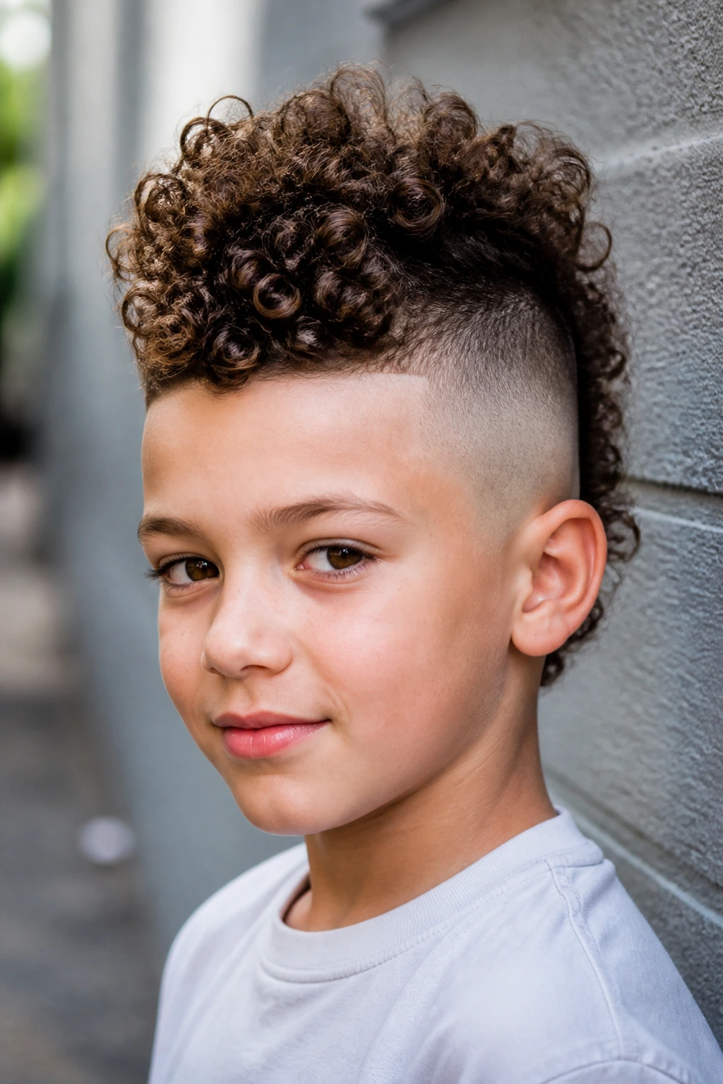 Real boy with curly mohawk on top and faded sides