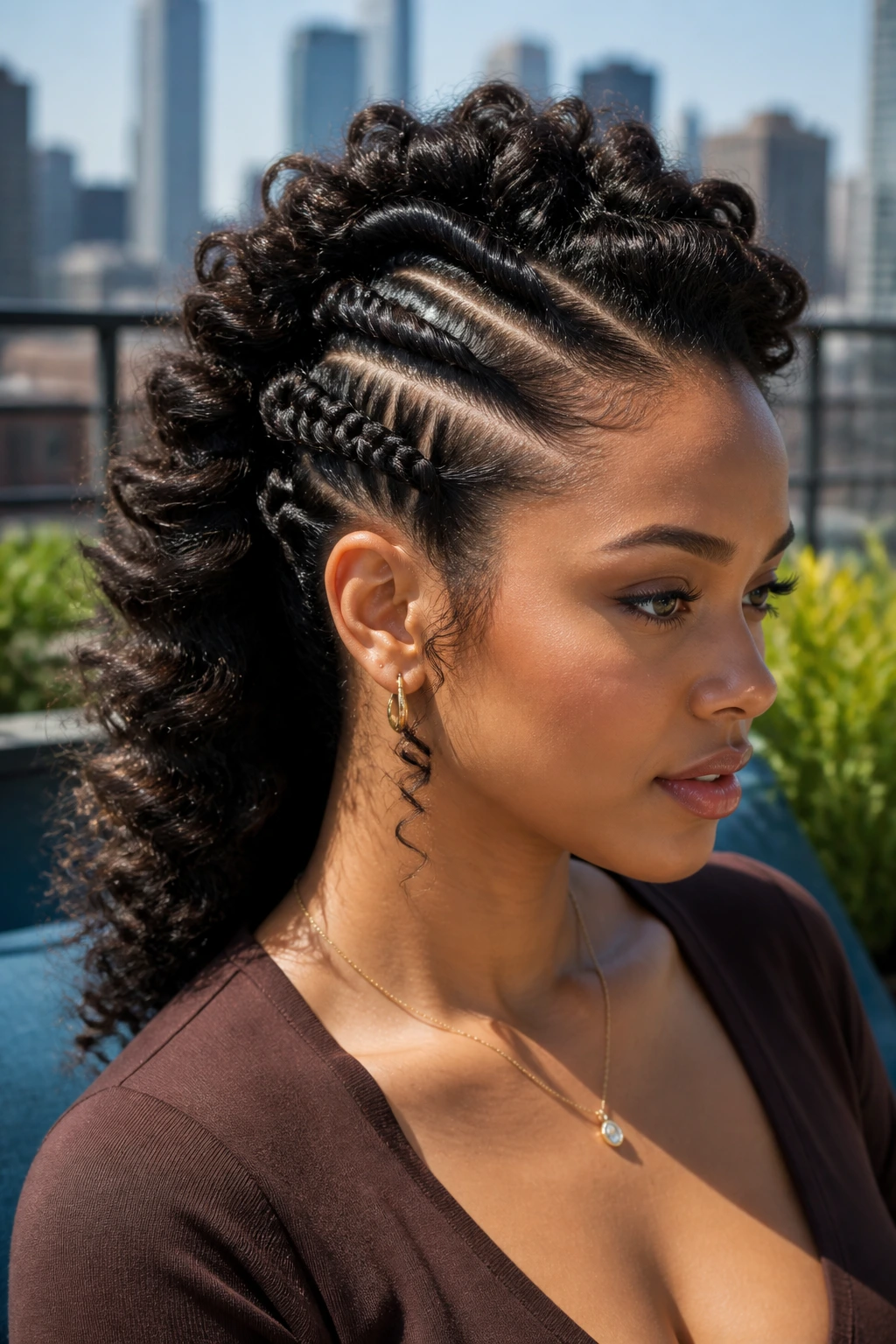 Close-up of a real woman with a curly Mohawk braid