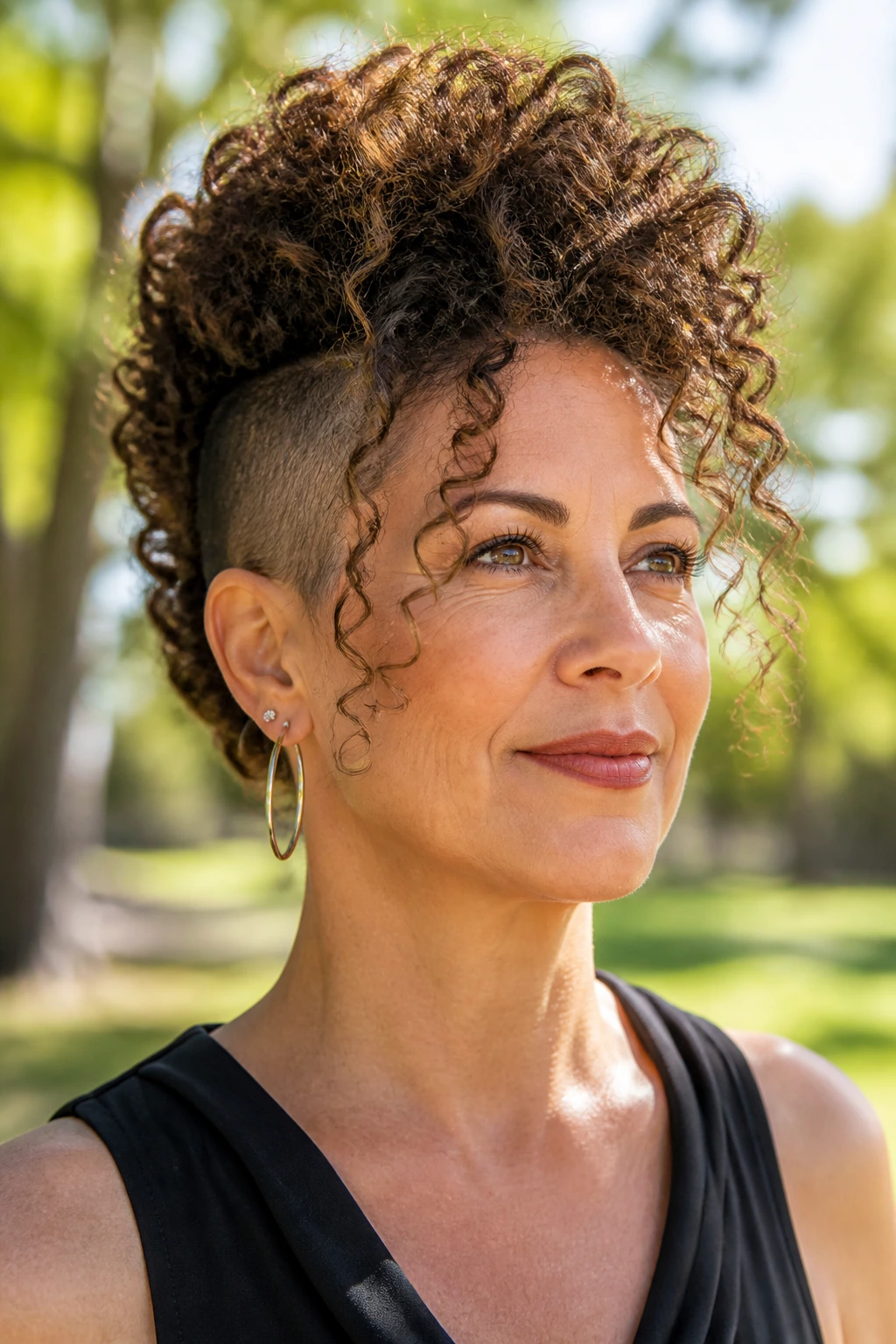 Close-up portrait of a real woman with a curly mohawk and face-framing curls