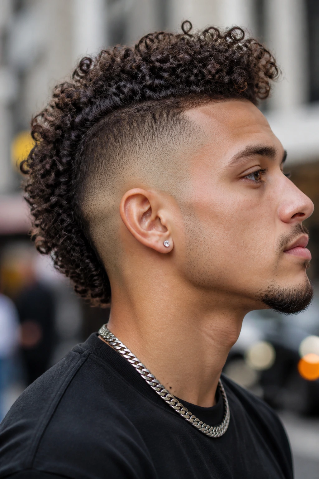 Man with curly mohawk fade in natural daylight