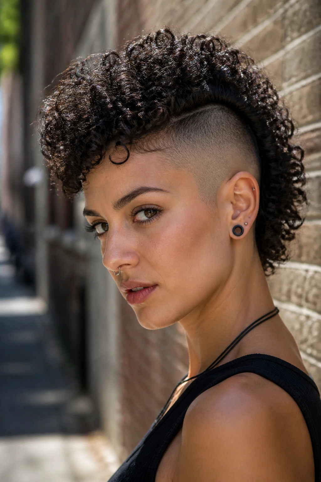 Close-up portrait of a real person with curly mohawk fade against brick wall in daylight