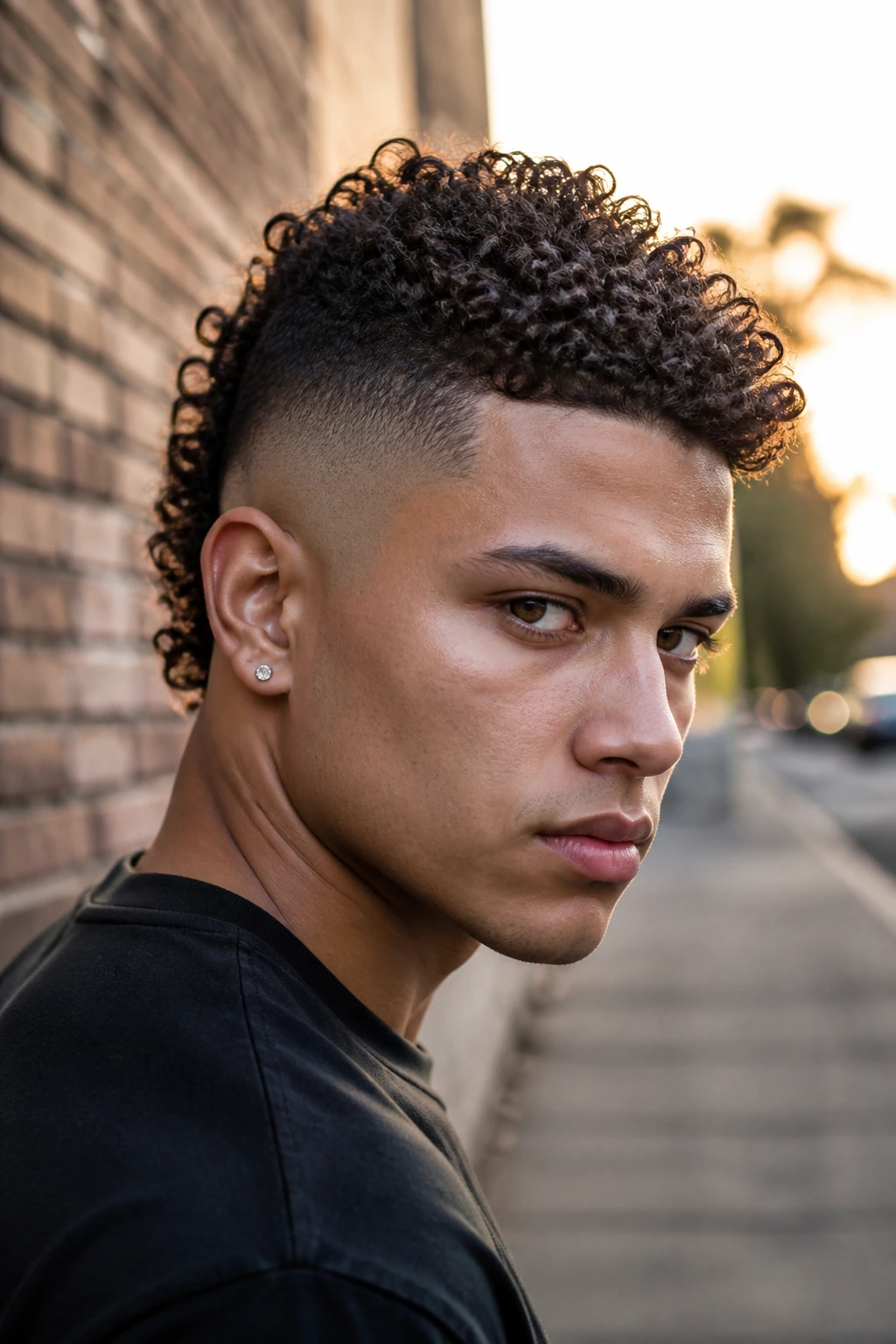 Close-up of real person with curly mohawk fade in urban street light