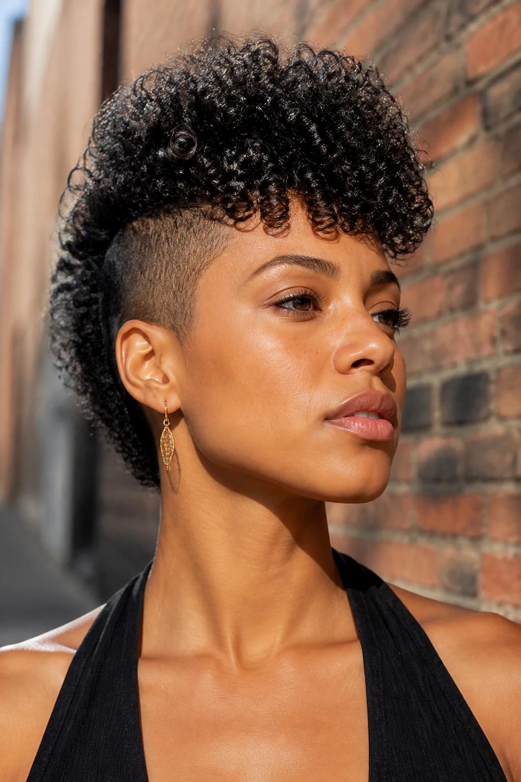 Real person with a curly mohawk and tapered sides in outdoor light.