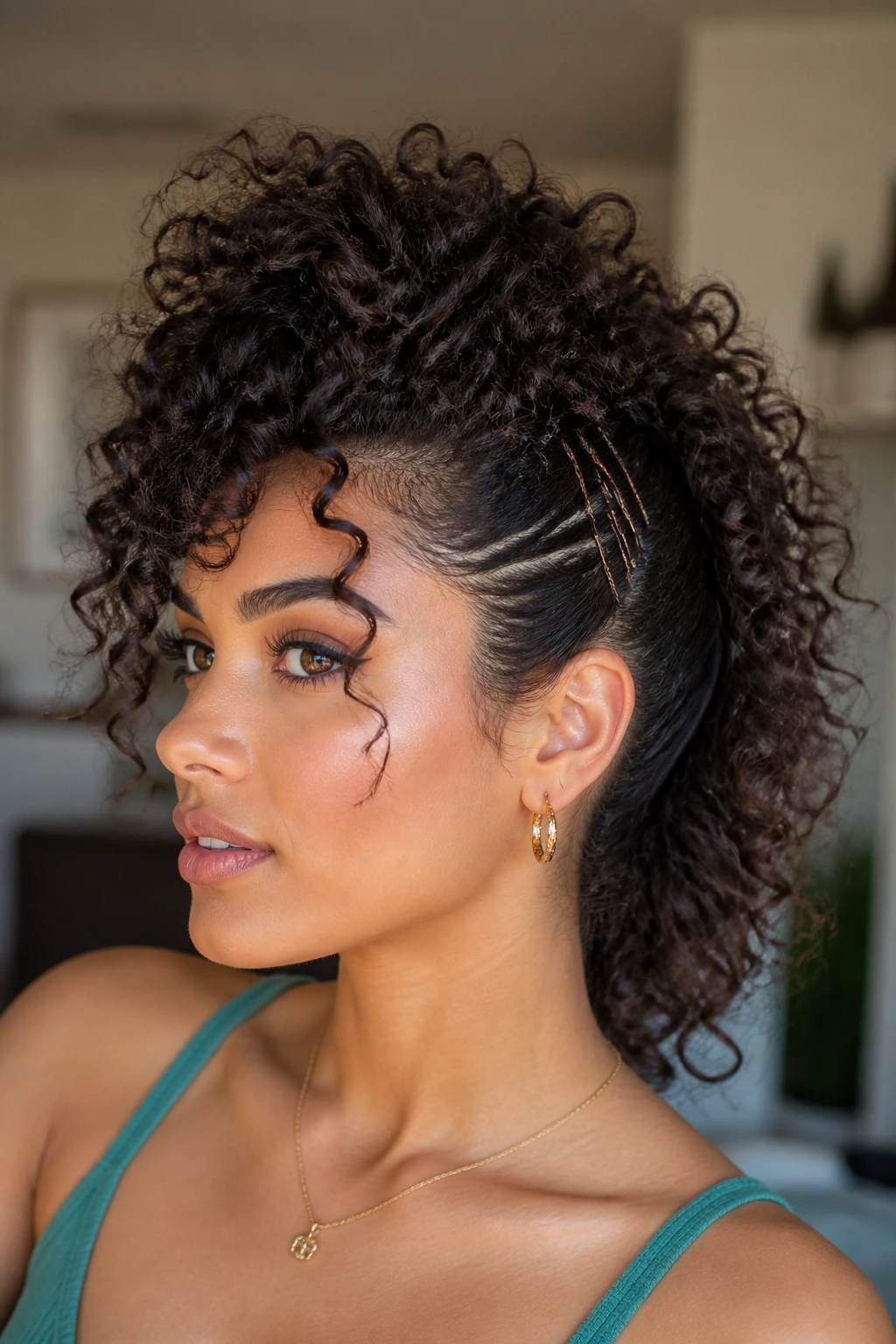 Close-up portrait of a real person with a curly mohawk half-up, center ridge of curls visible