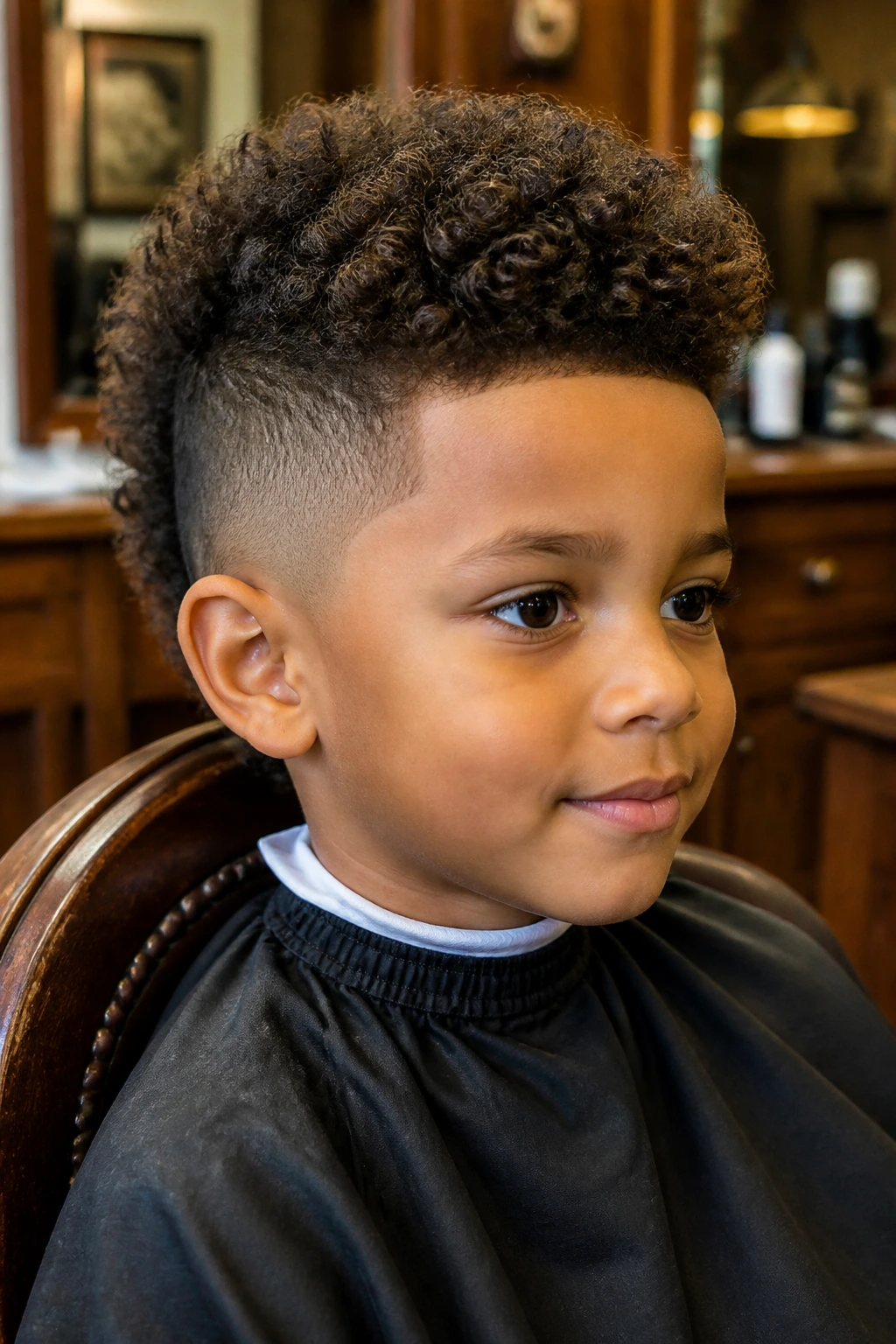 Close-up portrait of a real boy with a curly mohawk and low taper in a barbershop setting