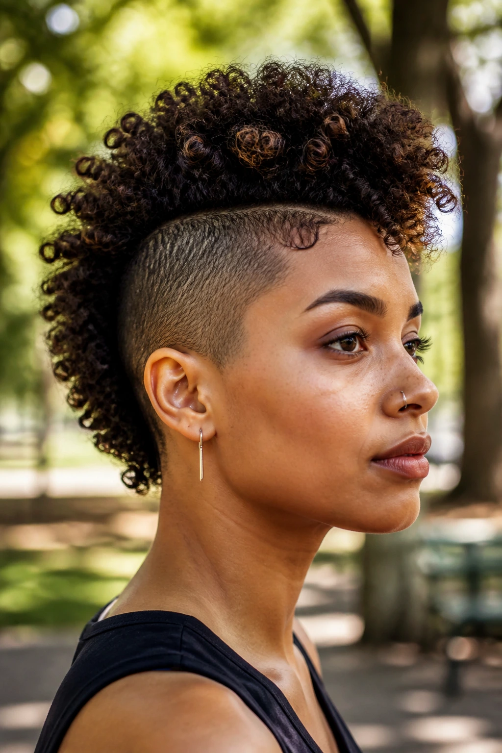 Close-up of curly mohawk on real person with natural texture and tapered sides