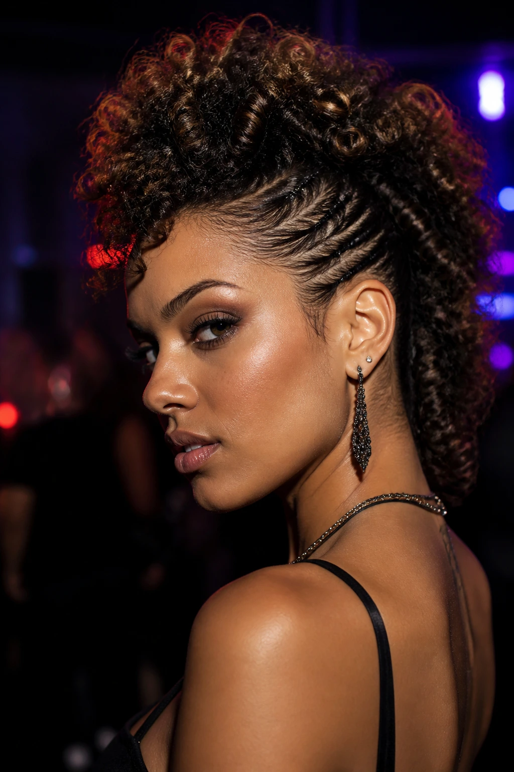 Close-up of a real person with a curly Mohawk and pinned sides in a nightlife setting
