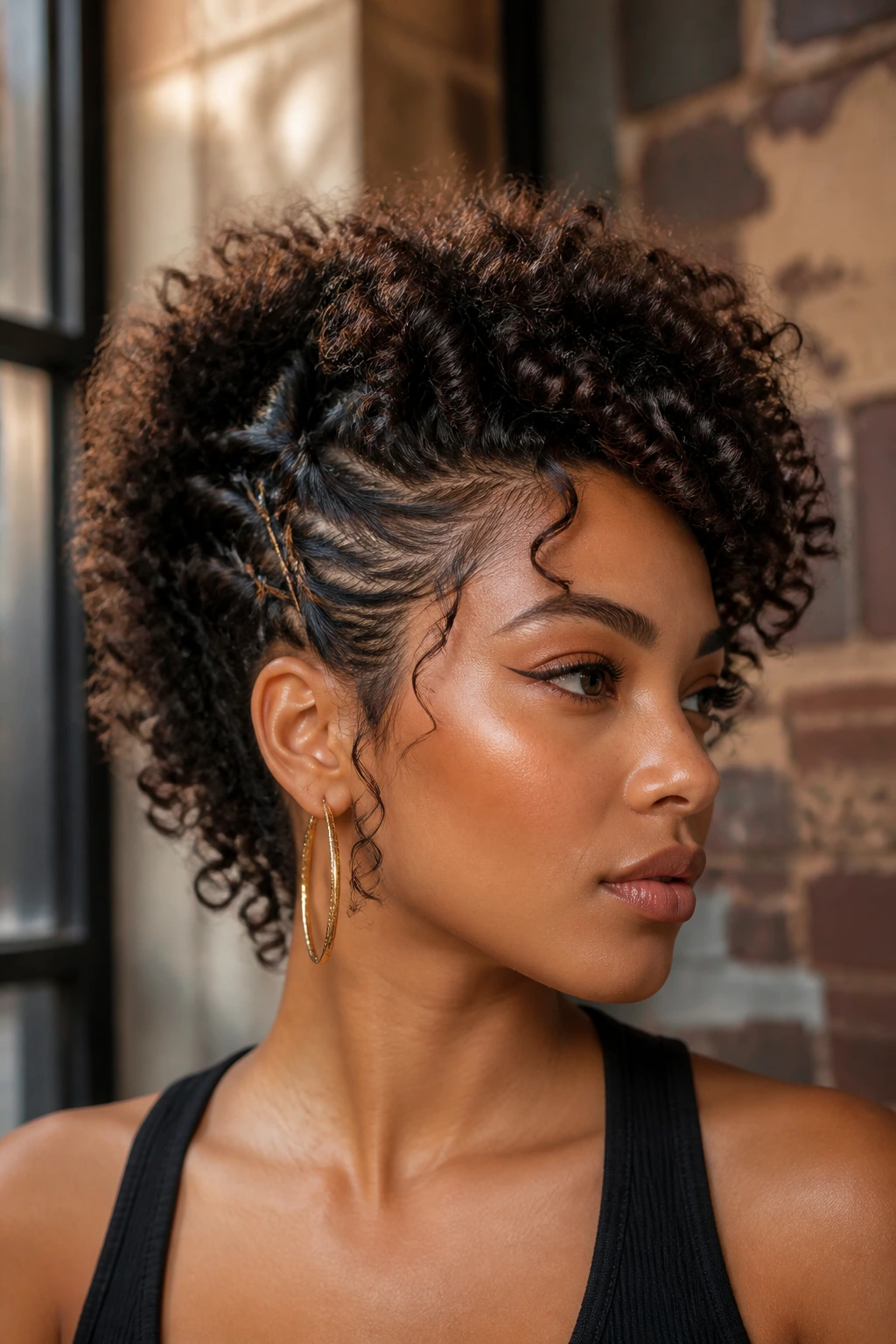 Close-up of a real woman with a curly mohawk and pin details