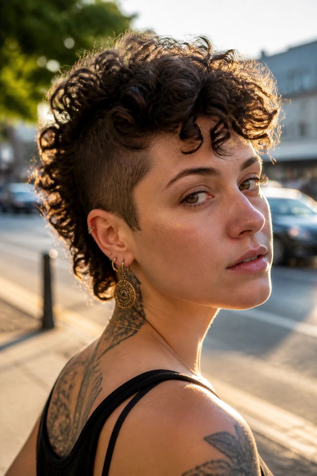 Head-and-shoulders portrait of a real person with a curly Mohawk pixie in golden hour light