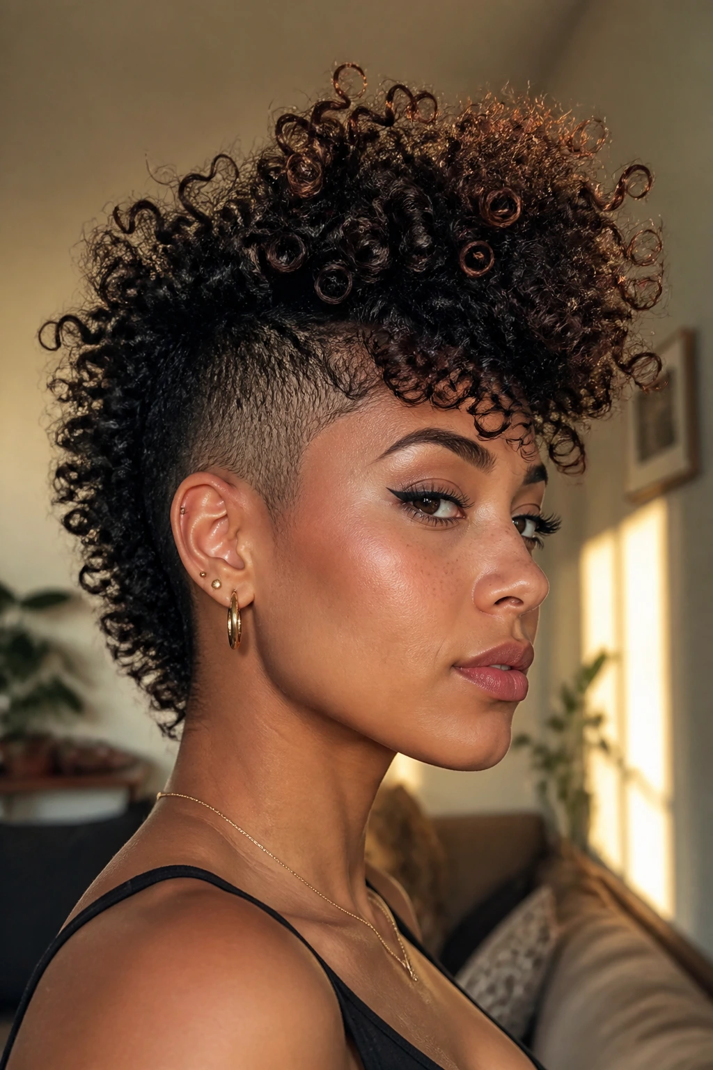 Portrait of person with curly mohawk hairstyle