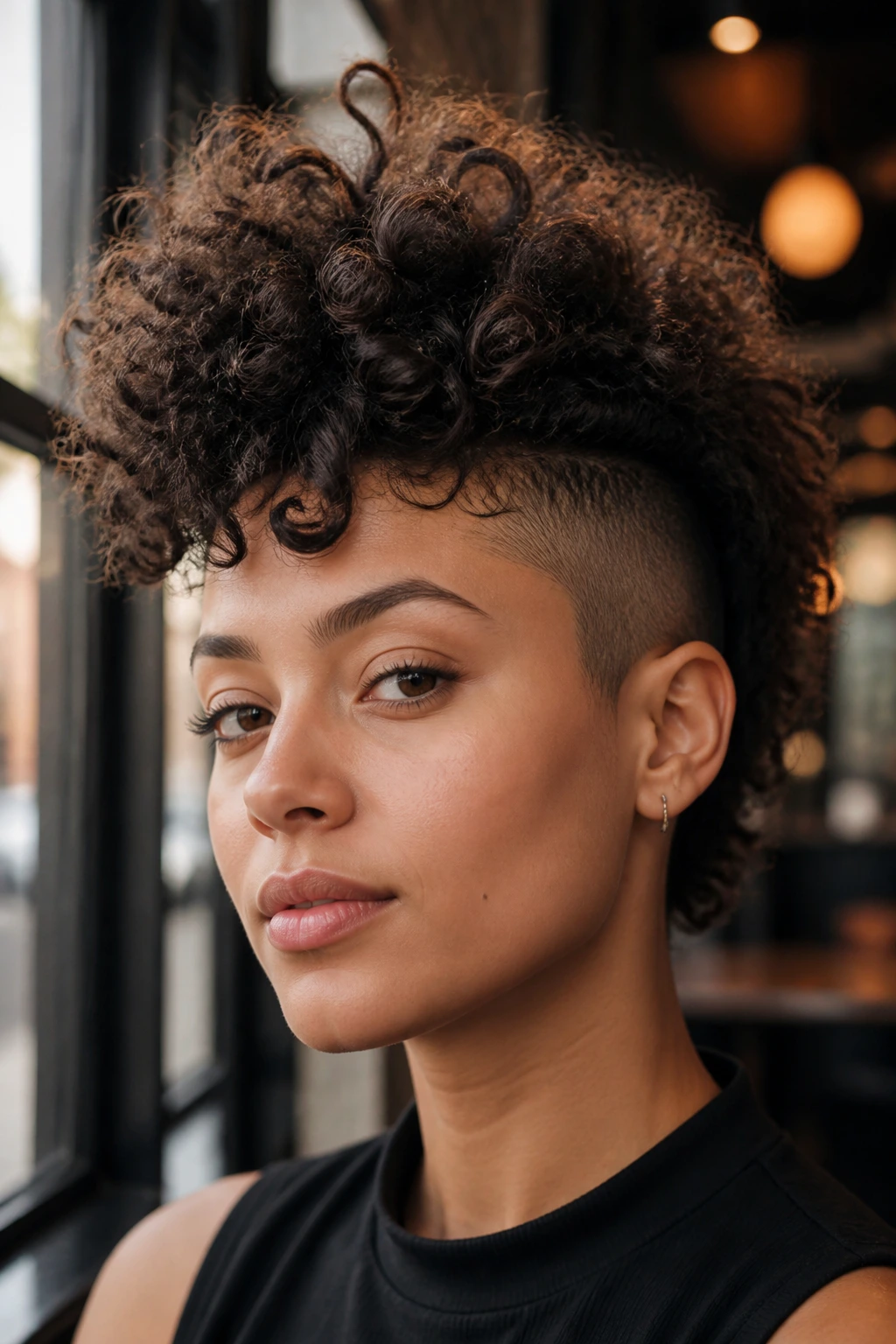 Close-up portrait of a real person with a tall curly mohawk in window-light setting