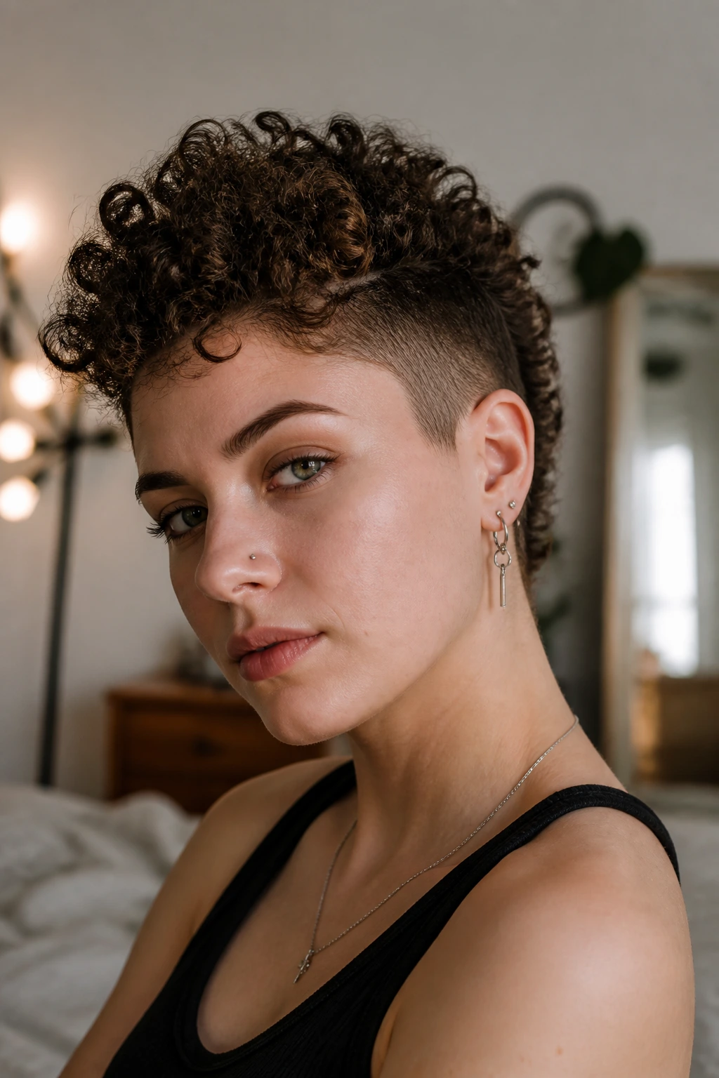 Close-up of a real woman with a curly mohawk featuring soft, rounded edges in natural window light.