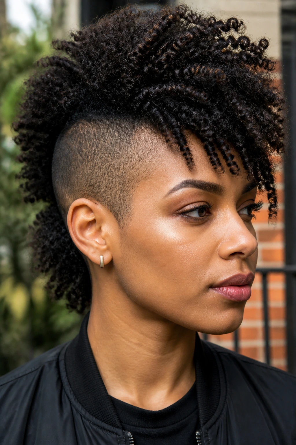 Real person with curly mohawk and shaved sides in natural daylight