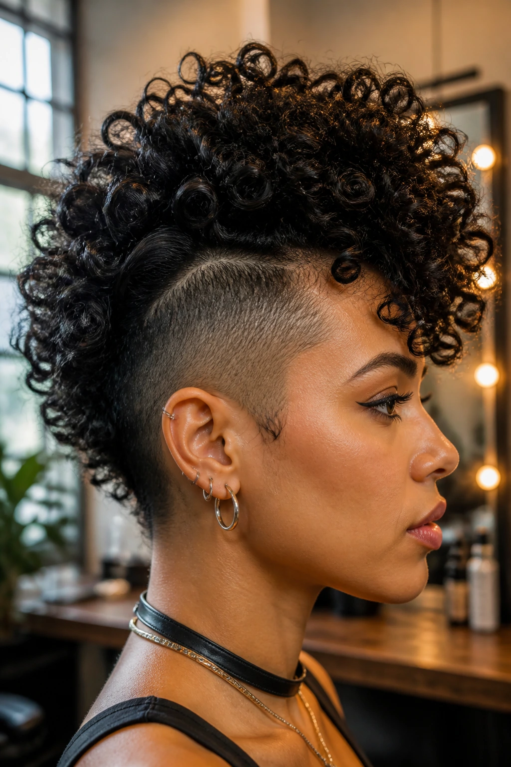 Close-up portrait of a real person with a curly mohawk silhouette in a warm salon setting