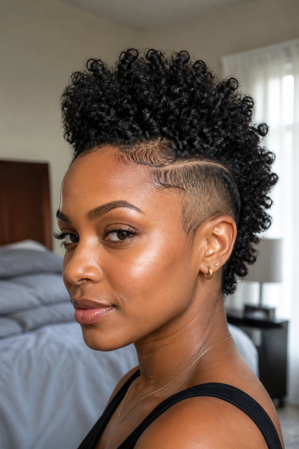 Close-up of a real Black woman with a curly mohawk highlighting texture and center ridge