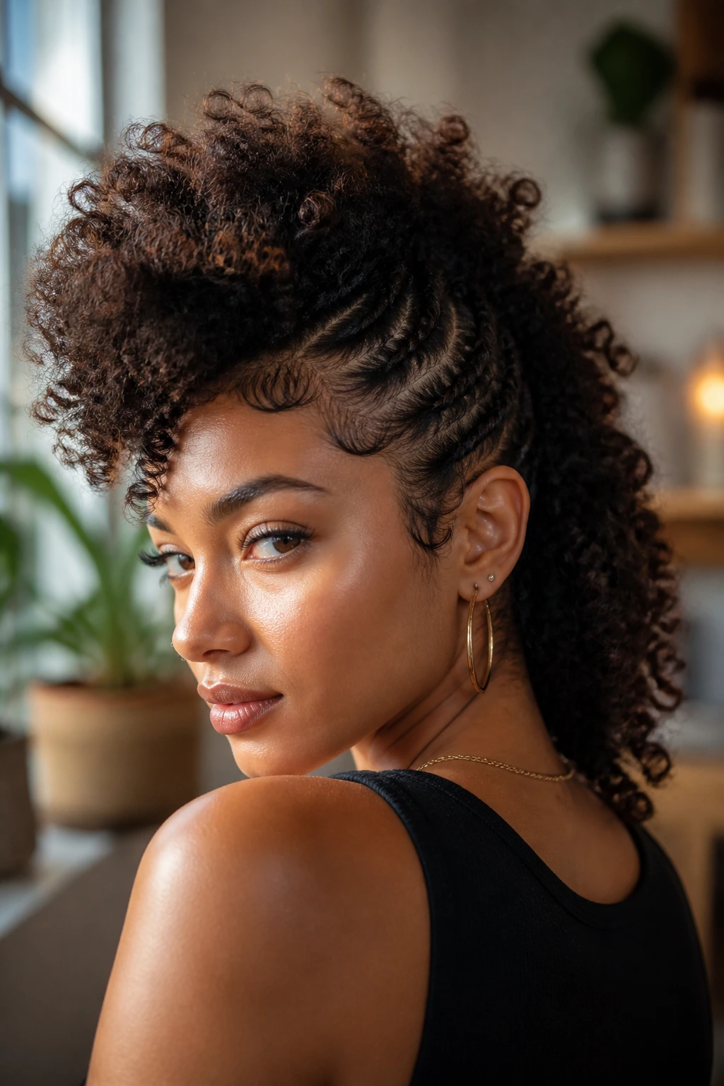 Portrait of a woman with curly textured hair styled into a mohawk variant.