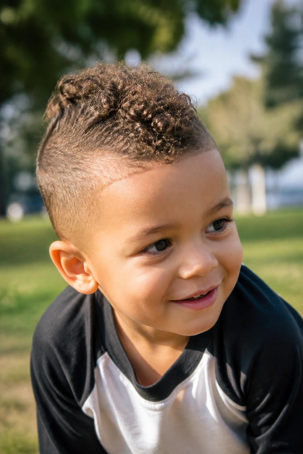 Close-up of a toddler boy with a curly Mohawk in a park