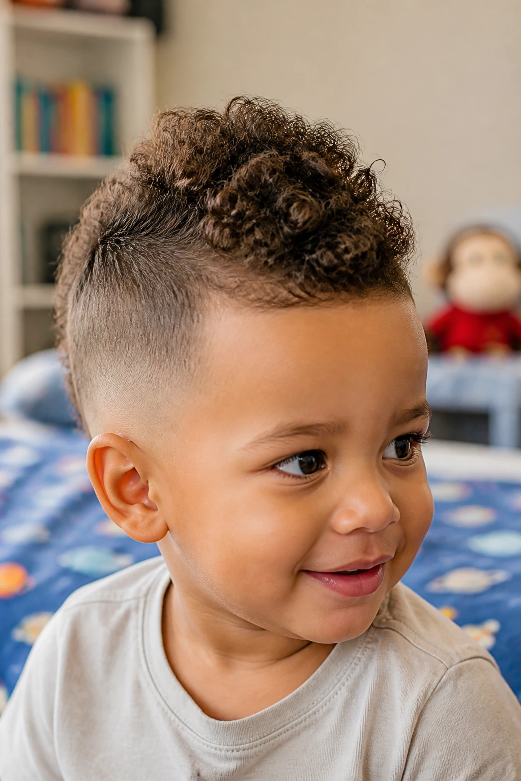 Toddler with a soft rounded mini curly mohawk