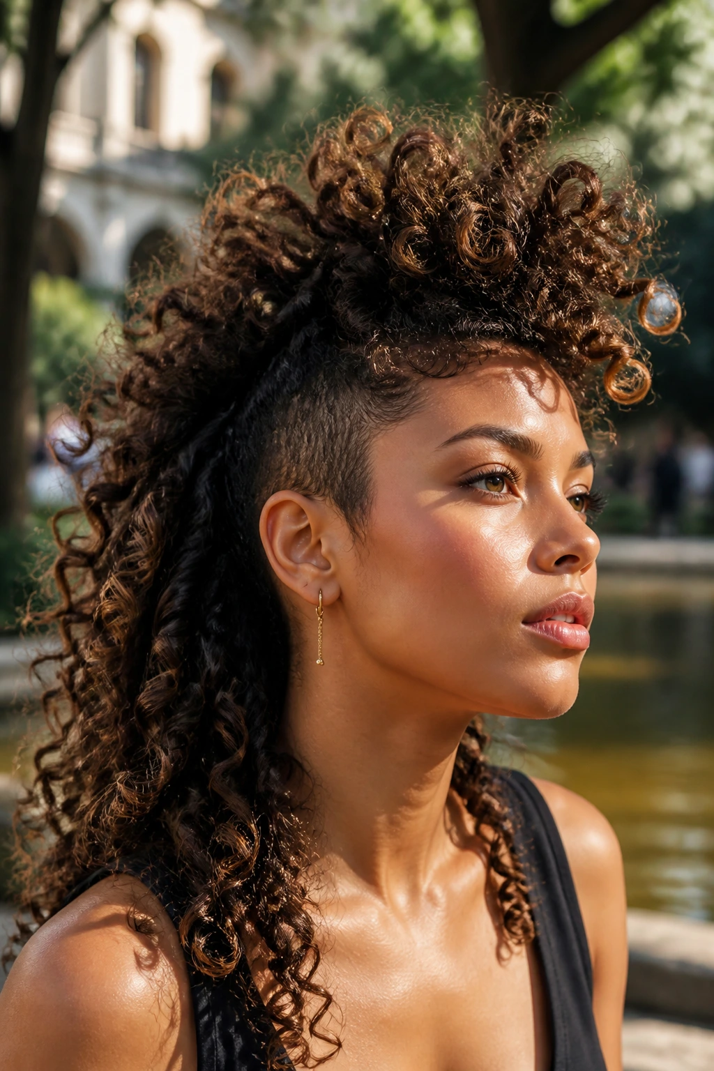 Portrait of a woman with a full-volume curly mohawk.