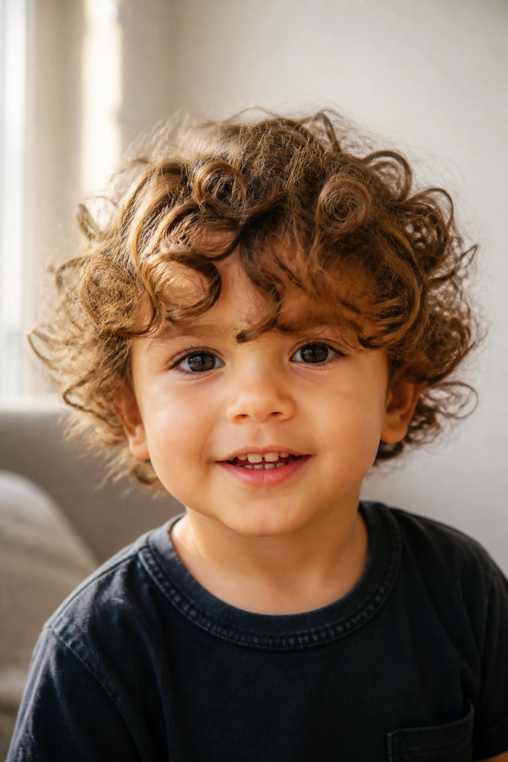 Close-up of a toddler with a curly mop and eyebrow-length fringe