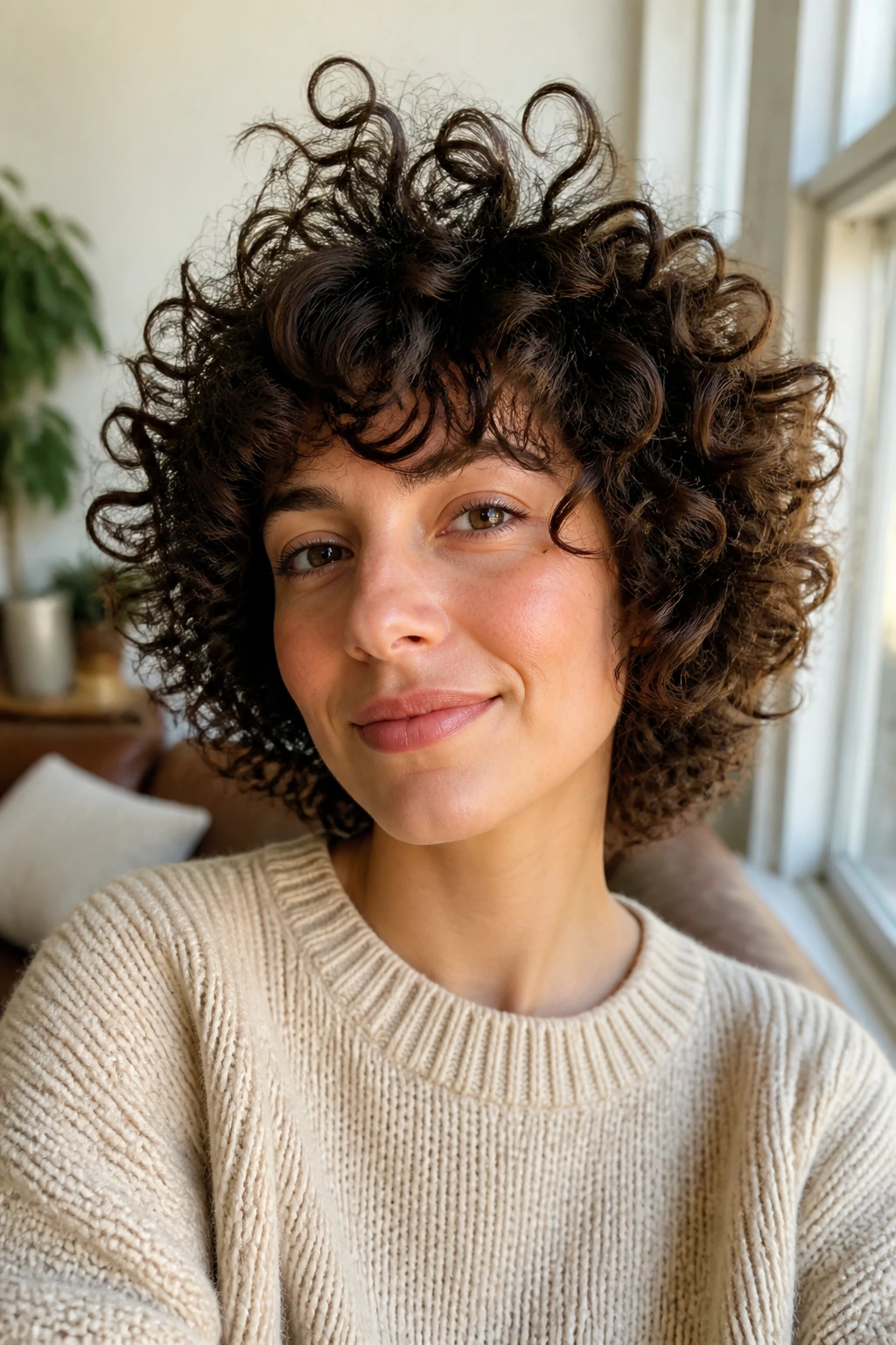 Close-up of a real person with curly hair in motion in a warm, window-lit living room