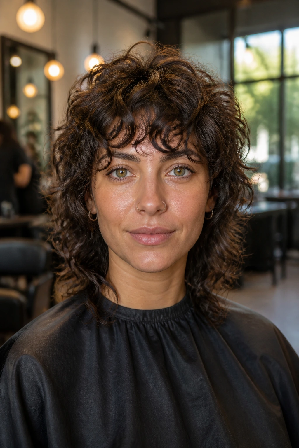 Close-up of real person with curly mullet in salon chair showing fringe and crown curl.