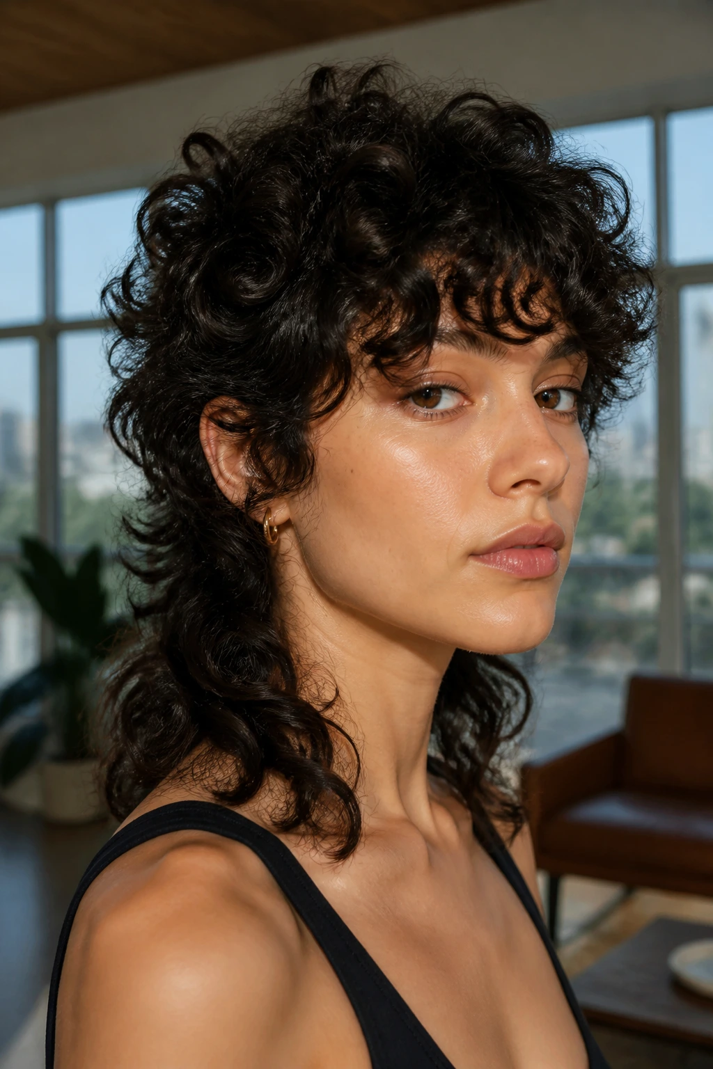 Close-up of a real person with curly mullet and bottleneck bangs in a bright indoor lounge
